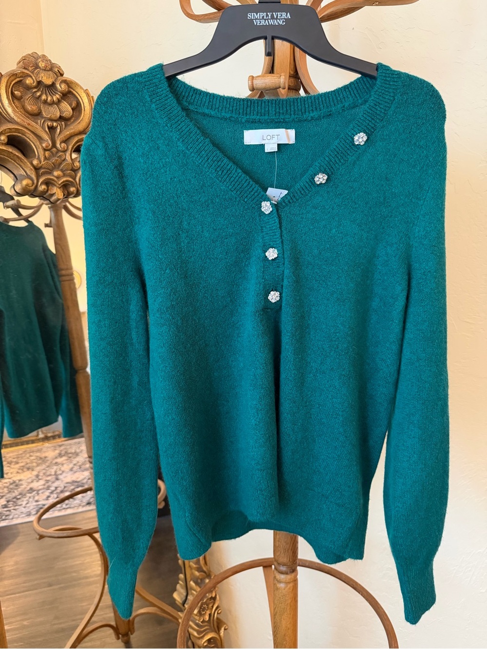 LOFT Kelly Green V-Neck Rhinestone Button Sweater Holiday